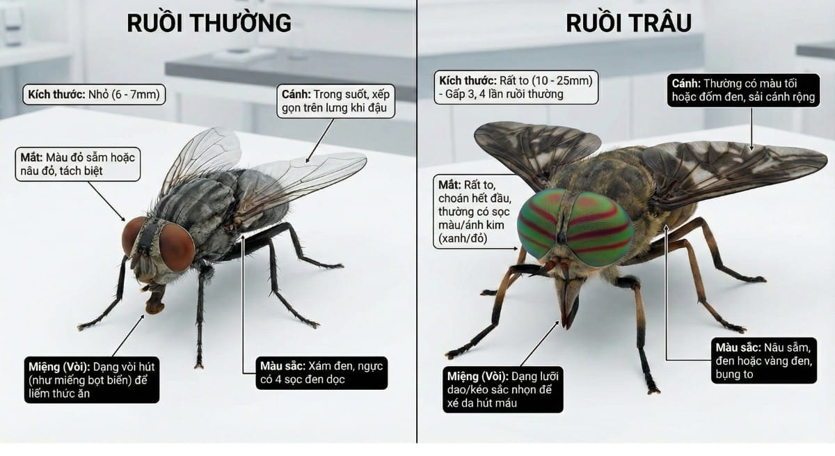 Hình ảnh so sánh sự khác nhau giữa con ruồi trâu và ruồi nhà thường gặp