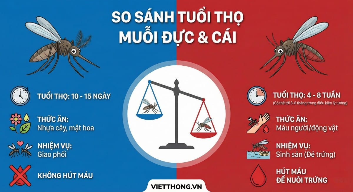 So sánh tuổi thọ của muỗi đực và muỗi cái