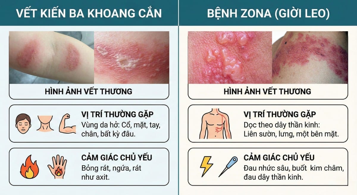 Hình ảnh vết kiến ba khoang cắn và cách phân biệt với bệnh zona