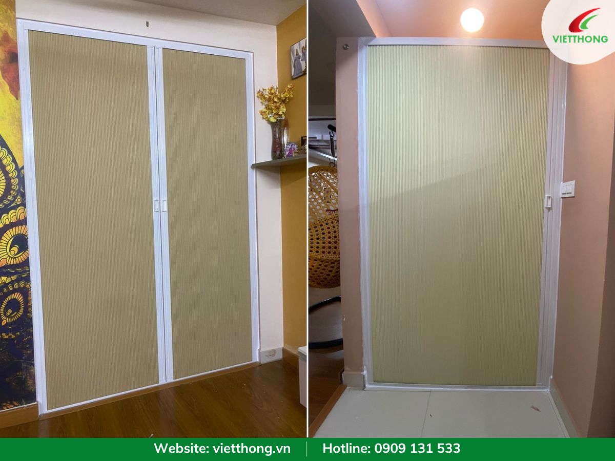 Vách ngăn cửa lùa rèm tổ ong màu vàng nhạt ngăn phòng ngủ gắn máy lạnh